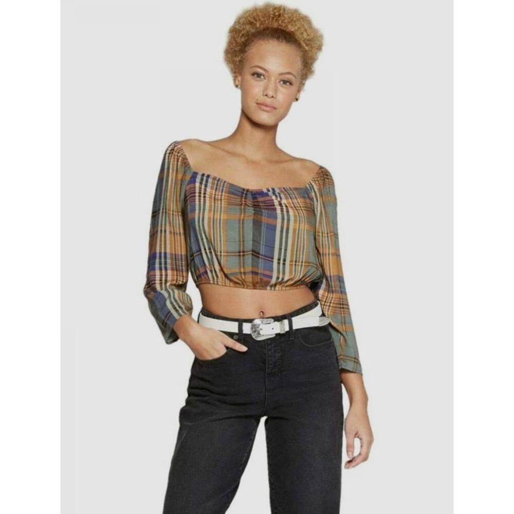 NWT Wild Fable Plaid Off-the-Shoulder Long Sleeve Ruched Front Crop Top-Size XL